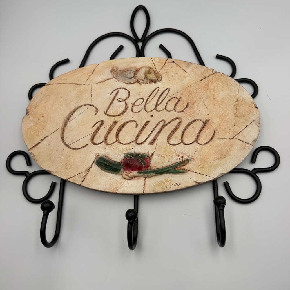 Pisano Bella Cucina Wall Hook Rack Wrought Iron Kitchen Towel Holder Sign